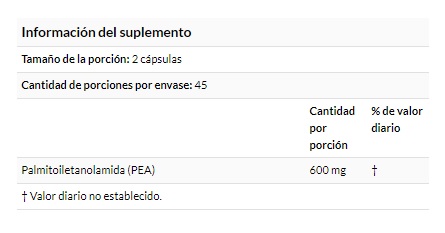 PEA (PALMITOILETANOLAMIDA), 90 V CAPS (600 MG X CAPS) - Imagen 3